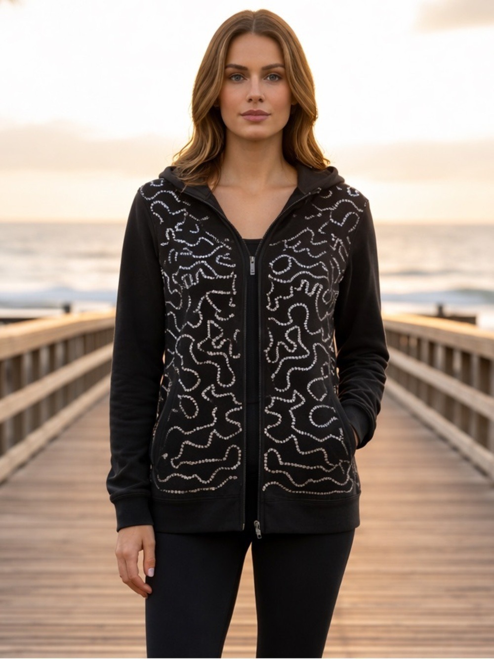 Onque Casuals Black Full Zip Sequin Sweatshirt Hoodie M NWT Y2K Coastal Glam